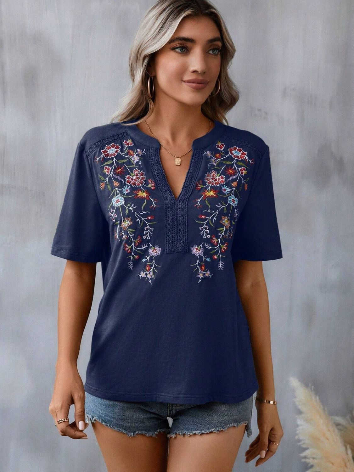 Embroidered Notched Short Sleeve T-Shirt Blouses & Shirts JT's Designer Fashion