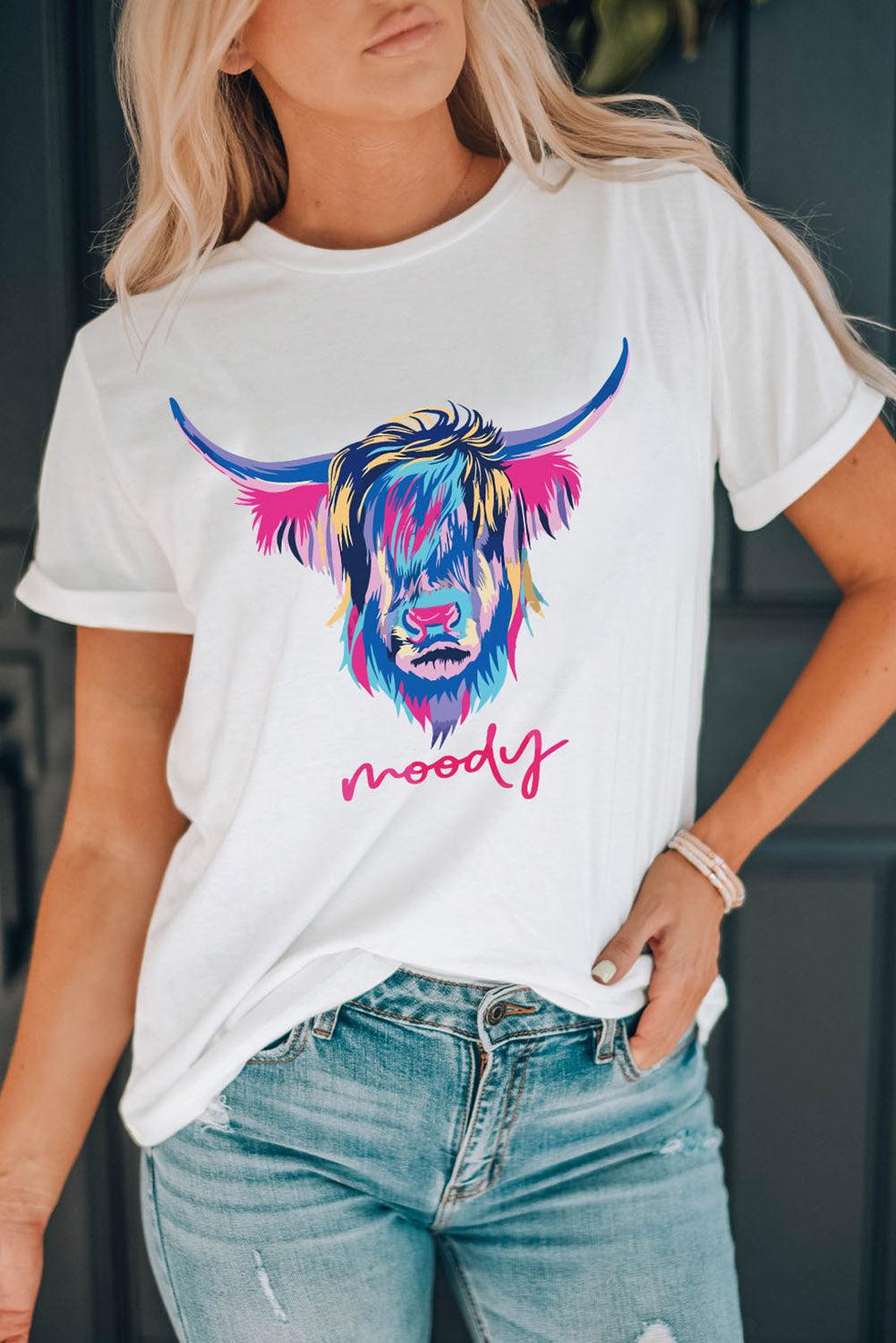 White Highland Heifer Moody Graphic T-shirt Graphic Tees JT's Designer Fashion