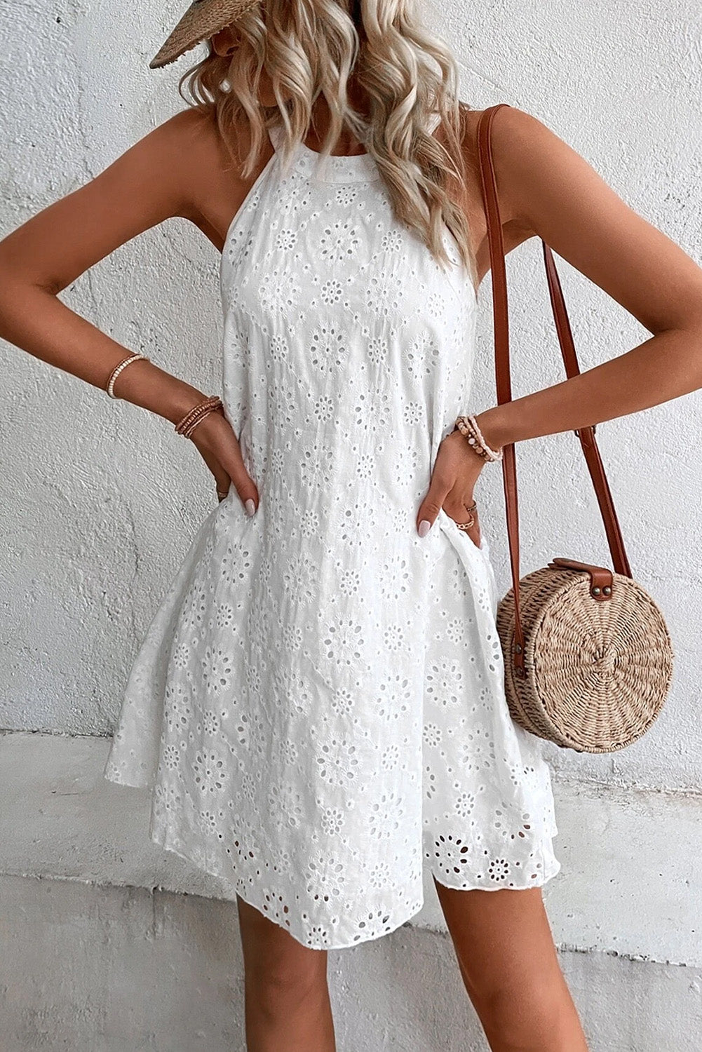 White Boho Eyelet Pattern Halter Neck Sleeveless Dress Mini Dresses JT's Designer Fashion