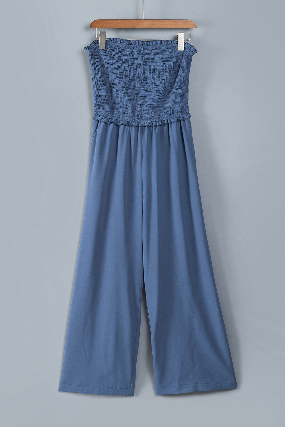 Blue Smocked Bandeau Wide Leg Jumpsuit Jumpsuits & Rompers JT's Designer Fashion