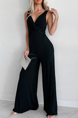 Black Sleeveless V Neck Twisted Front Flowy Wide Leg Jumpsuit Bottoms JT's Designer Fashion