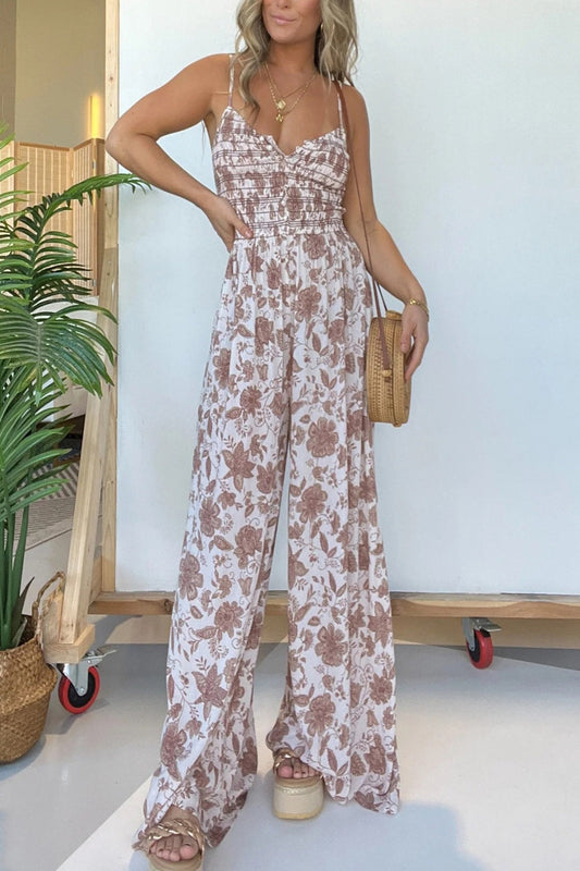 Full Size Printed Spaghetti Strap Wide Leg Jumpsuit Mocha Jumpsuits & Rompers JT's Designer Fashion