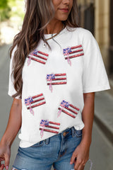 White Sequin Bow American Flag Patched T Shirt Graphic Tees JT's Designer Fashion