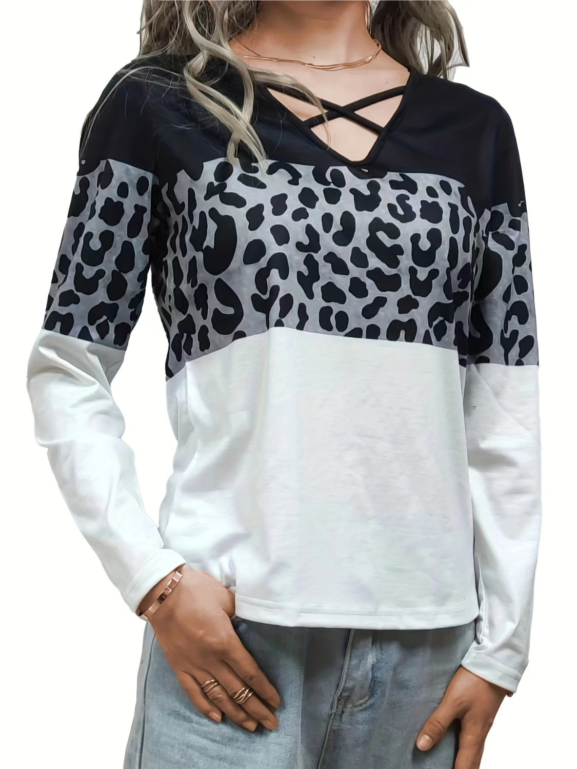 Crisscross Color Block Long Sleeve T-Shirt Long Sleeve Tops JT's Designer Fashion