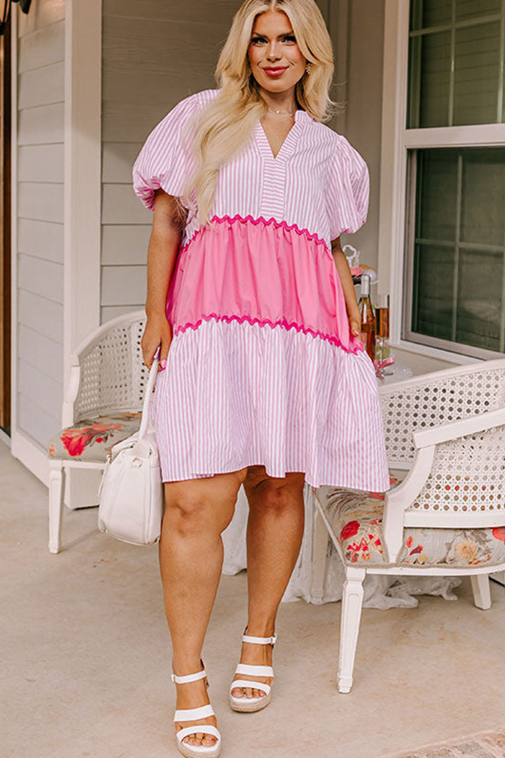 Pink Ricrac Block Accent Puff Short Sleeve Flowy Plus Dress Plus Size JT's Designer Fashion