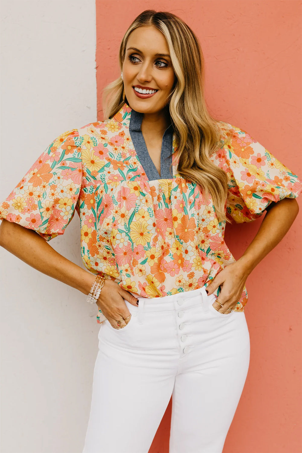 Multicolour Floral Print Bubble Sleeve V Neck Blouse Blouses & Shirts JT's Designer Fashion