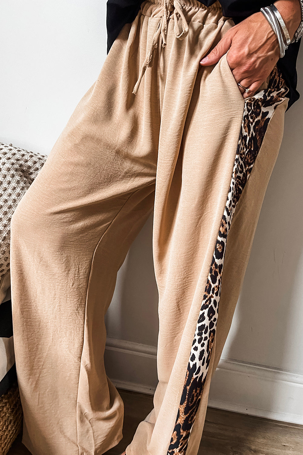Parchment Leopard Patched Loose Drawstring High Waist Pants Bottoms JT's Designer Fashion