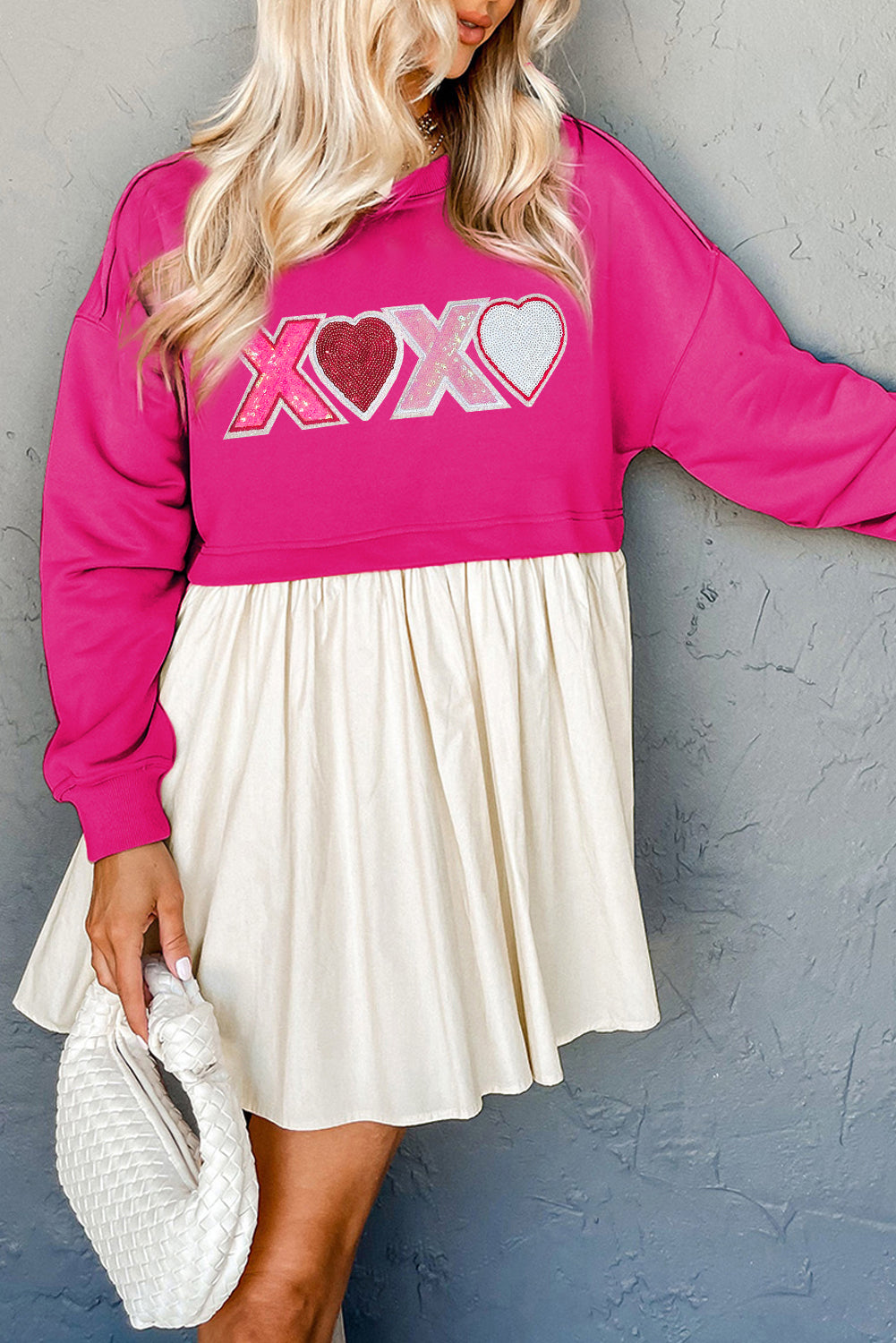 Rose Red Sequin Heart XOXO Graphic Colorblock Patchwork Hem Sweatshirt Dress Graphic Dresses JT's Designer Fashion