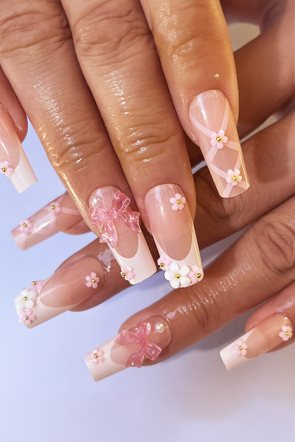 Light Pink French Floral Bowknot Nail Sticker Set Other Accessories JT's Designer Fashion