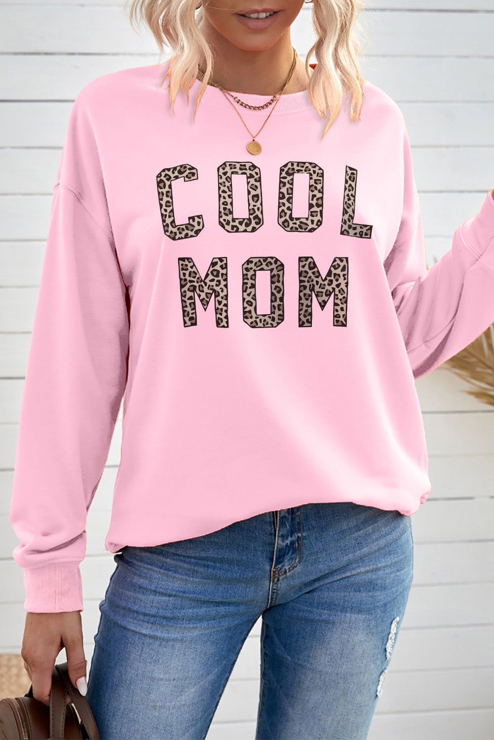 Pink COOL MOM Leopard Print Pullover Sweatshirt Graphic Sweatshirts JT's Designer Fashion