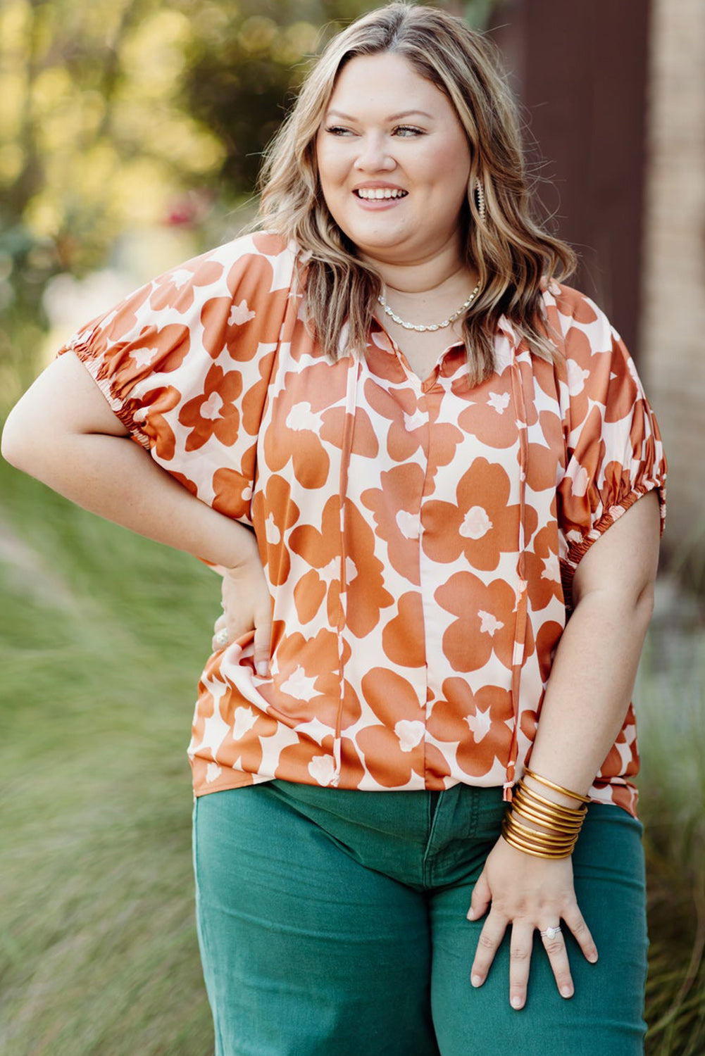 Orange Plus Size Floral Print Drawstring V Neck Short Sleeve Blouse Plus Size JT's Designer Fashion