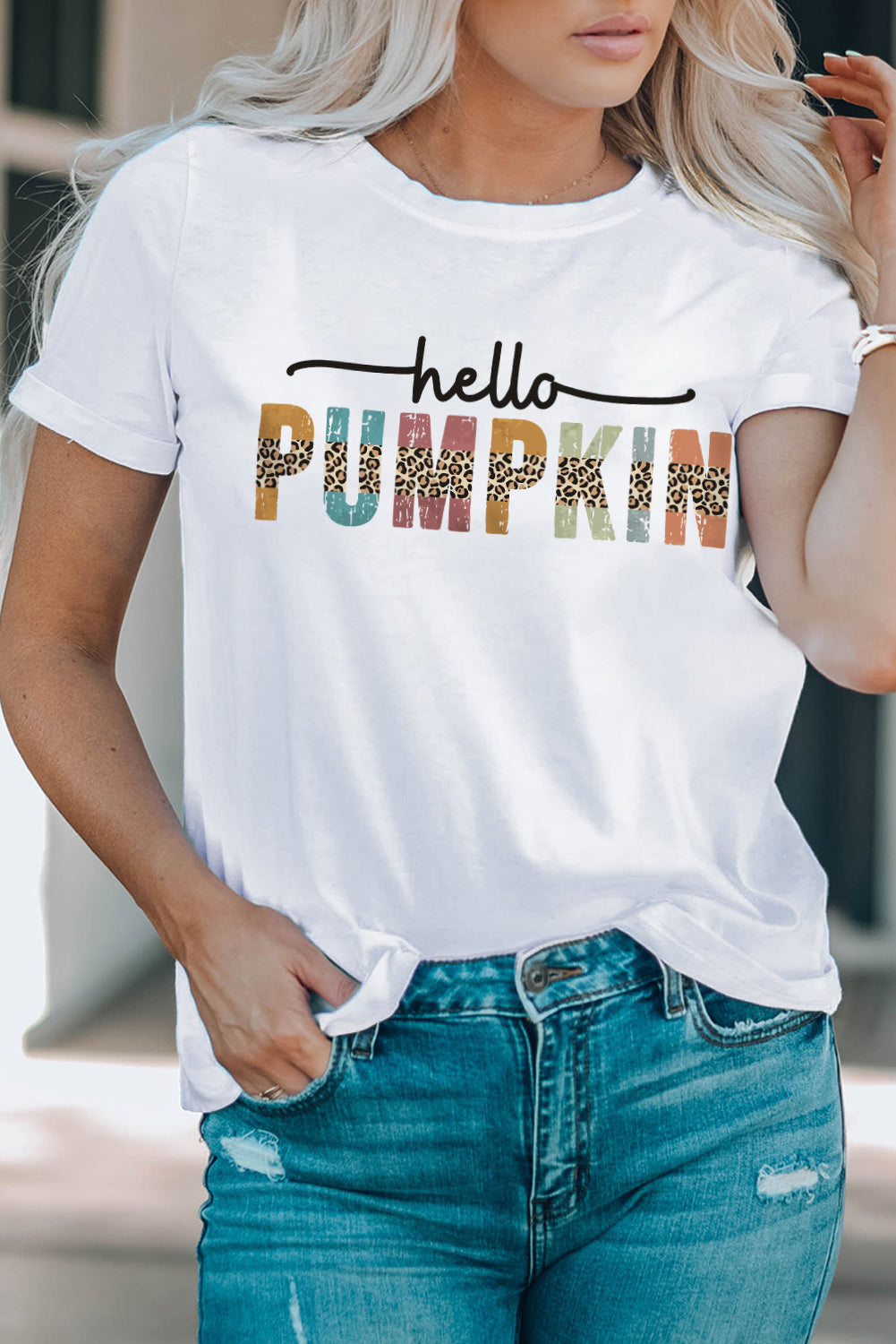 White Hello Pumpkin Graphic Casual Tee Graphic Tees JT's Designer Fashion