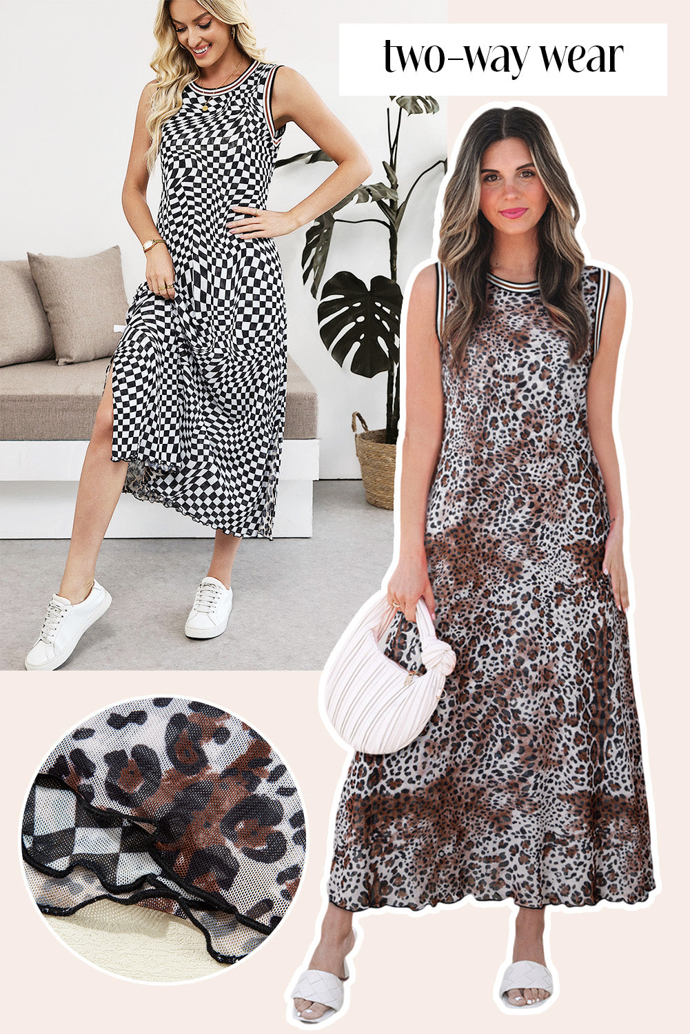 Multicolour Leopard Checkered Double Printed Reversible Sleeveless Long Dress Multicolour 92%Polyester+8%Elastane Maxi Dresses JT's Designer Fashion