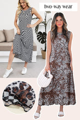 Multicolour Leopard Checkered Double Printed Reversible Sleeveless Long Dress Multicolour 92%Polyester+8%Elastane Maxi Dresses JT's Designer Fashion