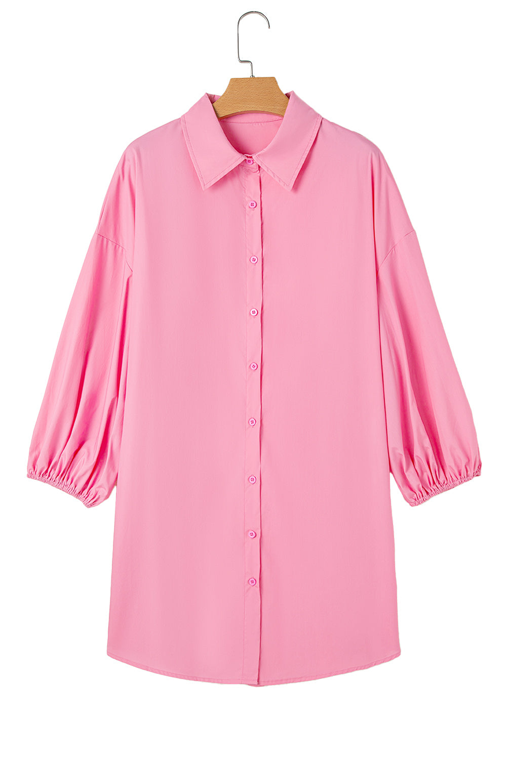 Bright Pink Balloon Sleeve Button Up Mini Shirt Dress Mini Dresses JT's Designer Fashion