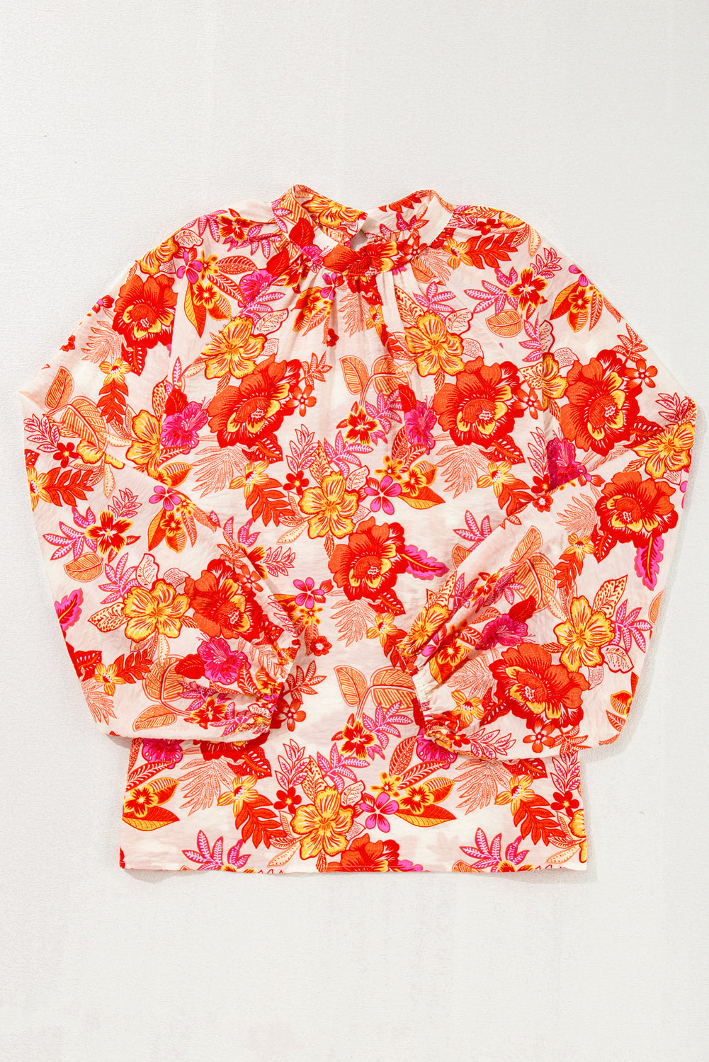 Orange Floral Print Pearl Button Keyhole Long Puff Sleeve Blouse Blouses & Shirts JT's Designer Fashion