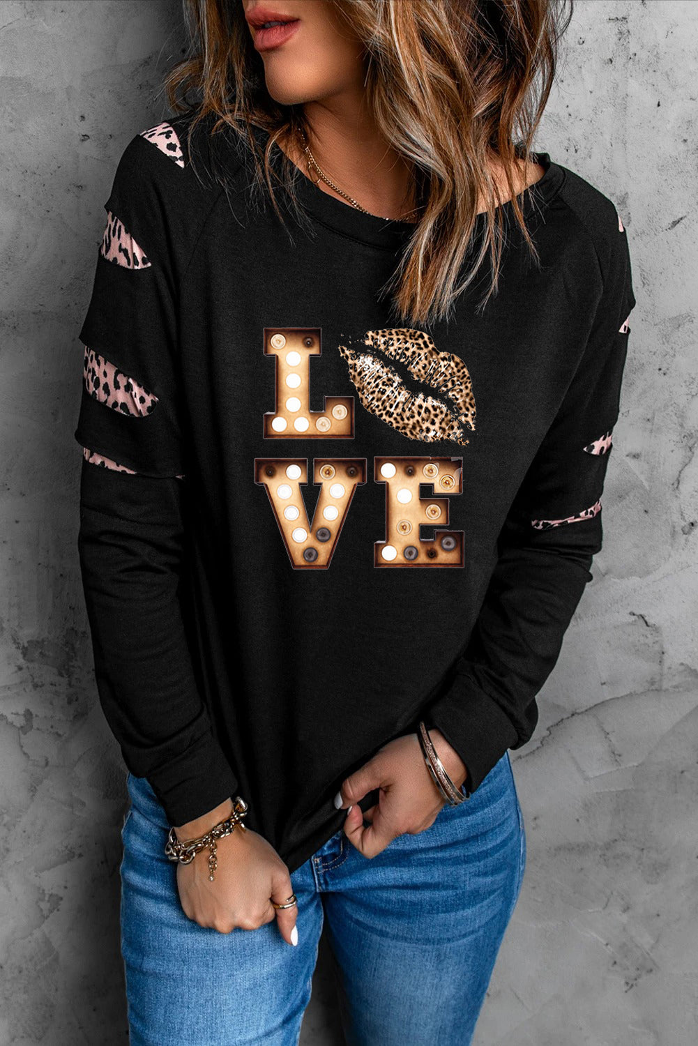 Valentine LOVE Leopard Print Cut-out Long Sleeve Sweatshirt Graphic Sweatshirts JT's Designer Fashion