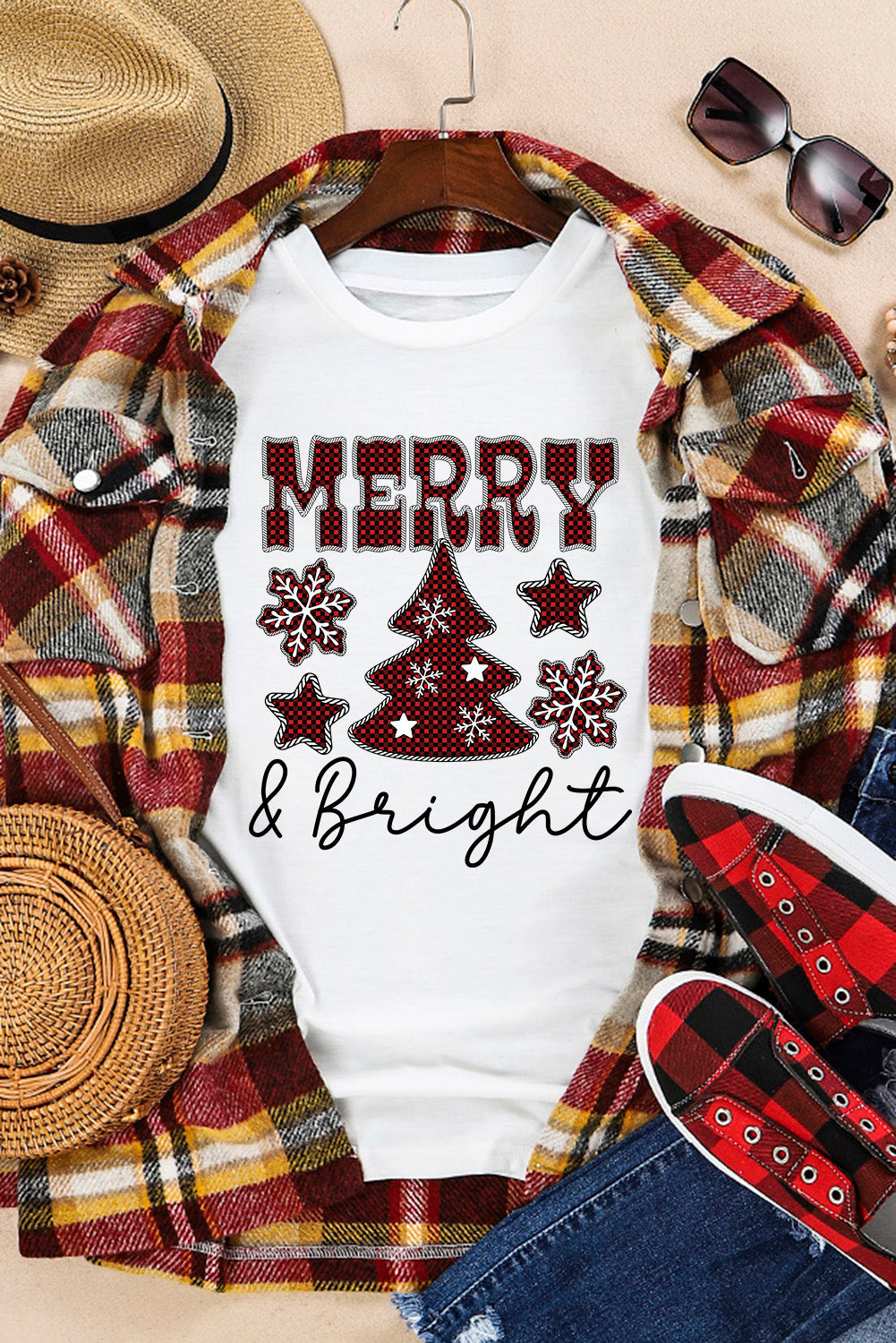 White MERRY and Bright Plaid Print Christmas Crewneck T Shirt Graphic Tees JT's Designer Fashion