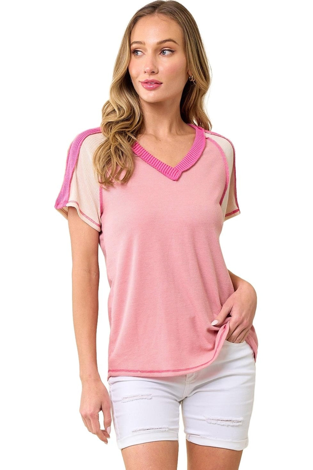 Pink Exposed Seam Color Block Knitted V Neck T-shirt Tops & Tees JT's Designer Fashion