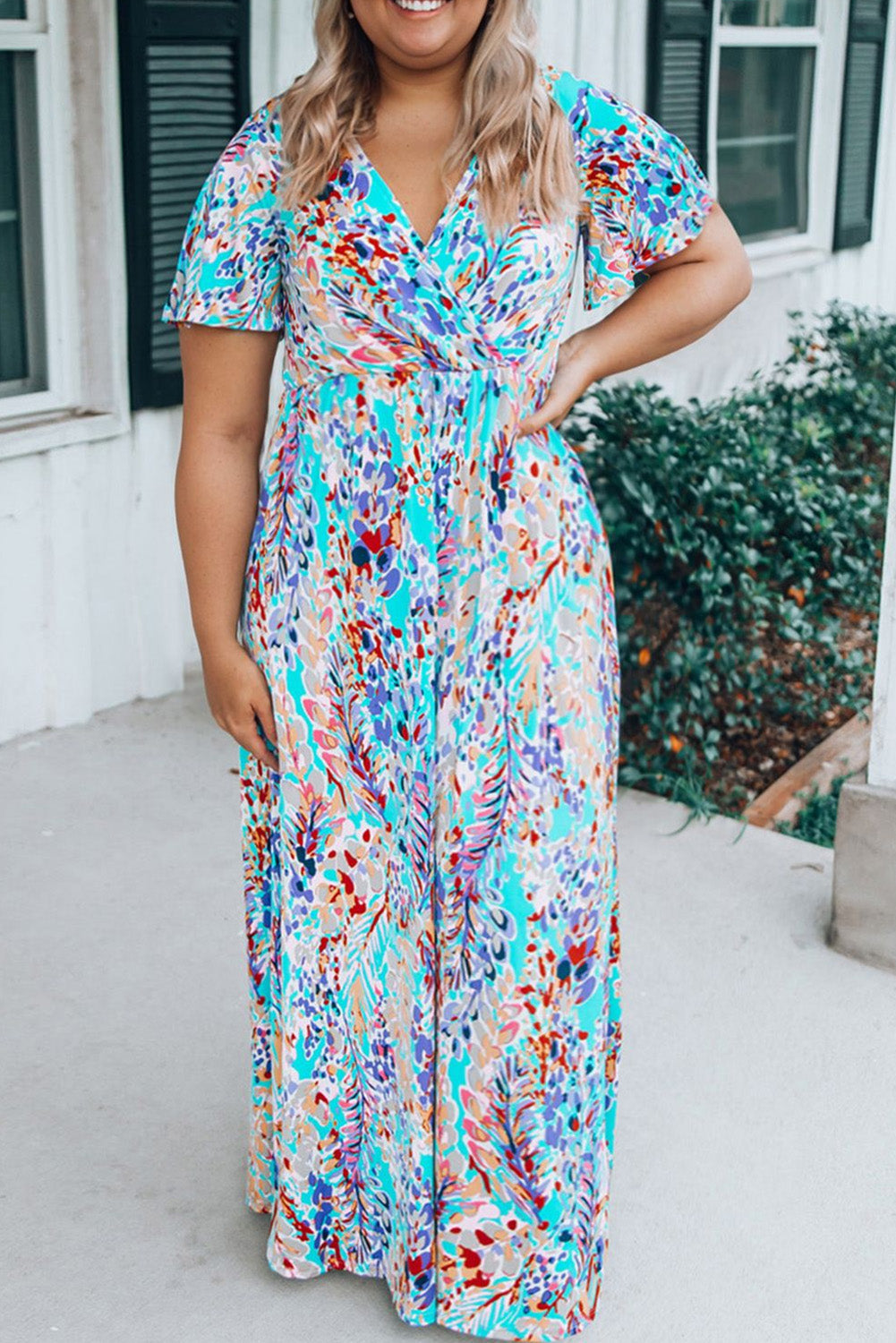 Sky Blue Floral Wrapped Bodice Flutter Sleeve Plus Maxi Dress Plus Size JT's Designer Fashion