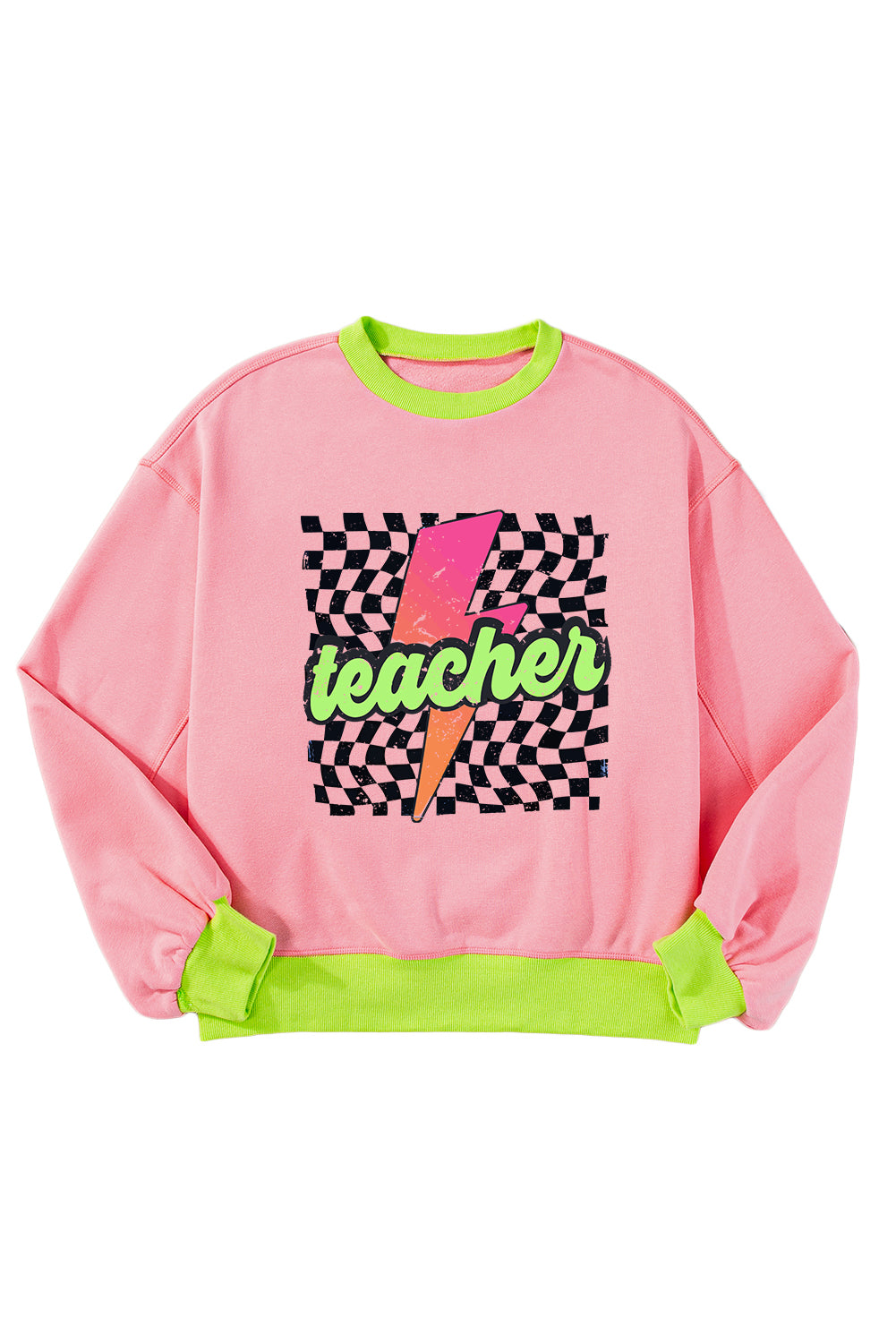 Pink Teacher Lightning Checkered Print Color Block Sweatshirt Graphic Sweatshirts JT's Designer Fashion