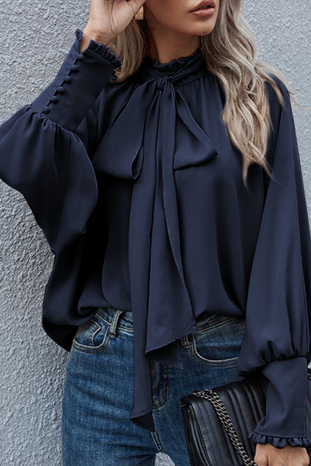 Navy Blue Frilled Knotted Mock Neck Bishop Sleeve Blouse Blouses & Shirts JT's Designer Fashion