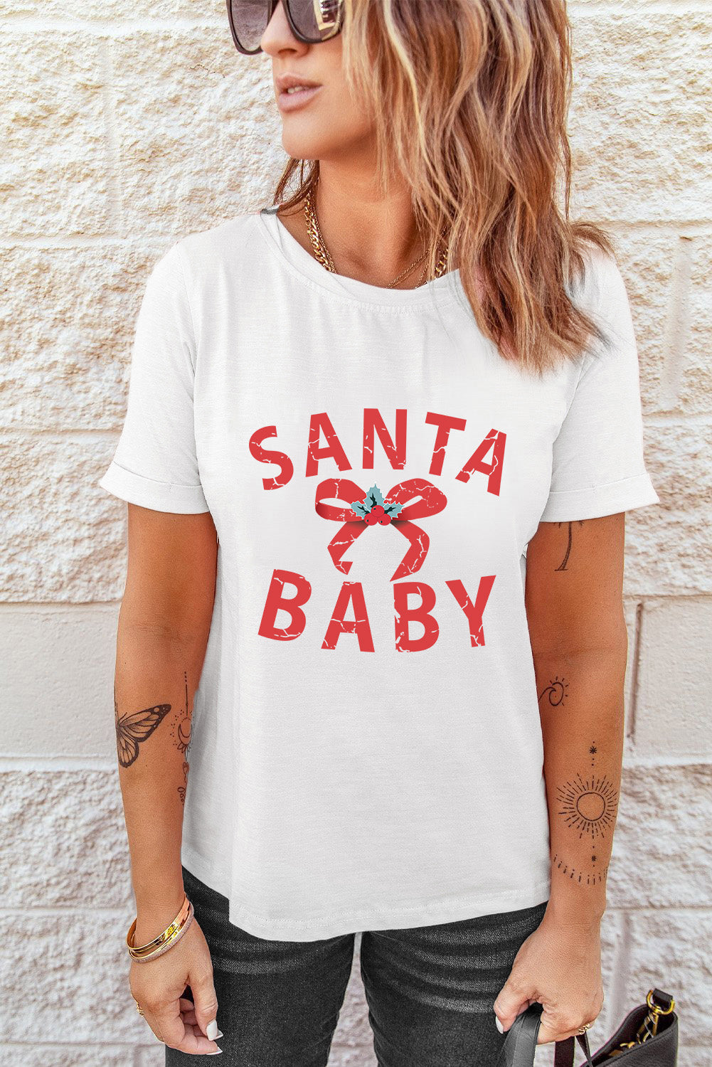 White SANTA BABY Gift Bow Graphic Tee Graphic Tees JT's Designer Fashion