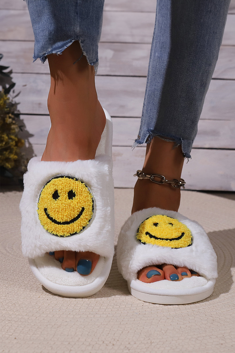 White Smile Emoji Graphic Plush Home Slippers Slippers JT's Designer Fashion