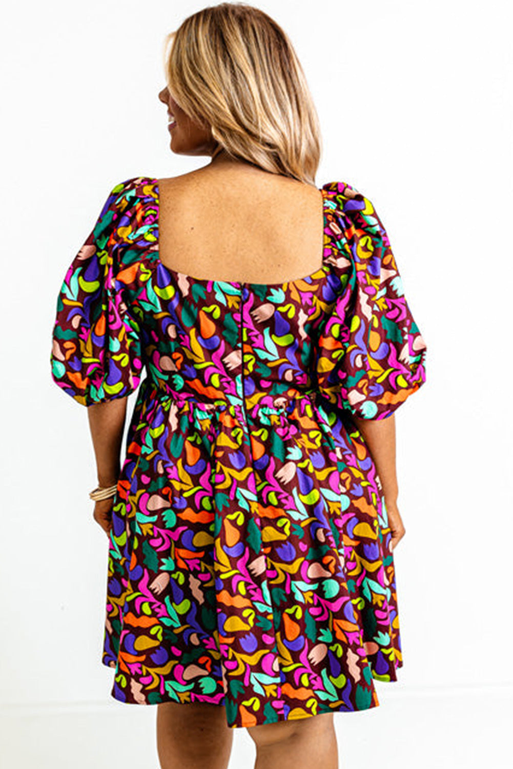 Purple Plus Size Printed Puff Sleeve Short Flare Dress Plus Size JT's Designer Fashion