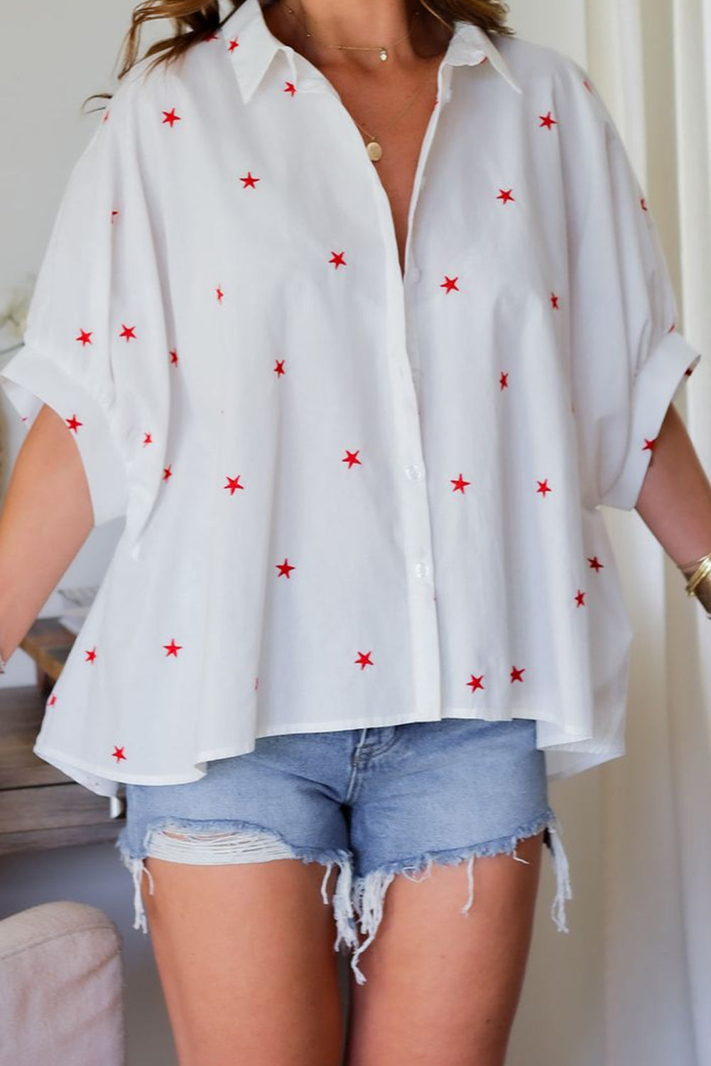 White Red Little Stars Printed Loose Half Sleeve Shirt Pre Order Tops JT's Designer Fashion