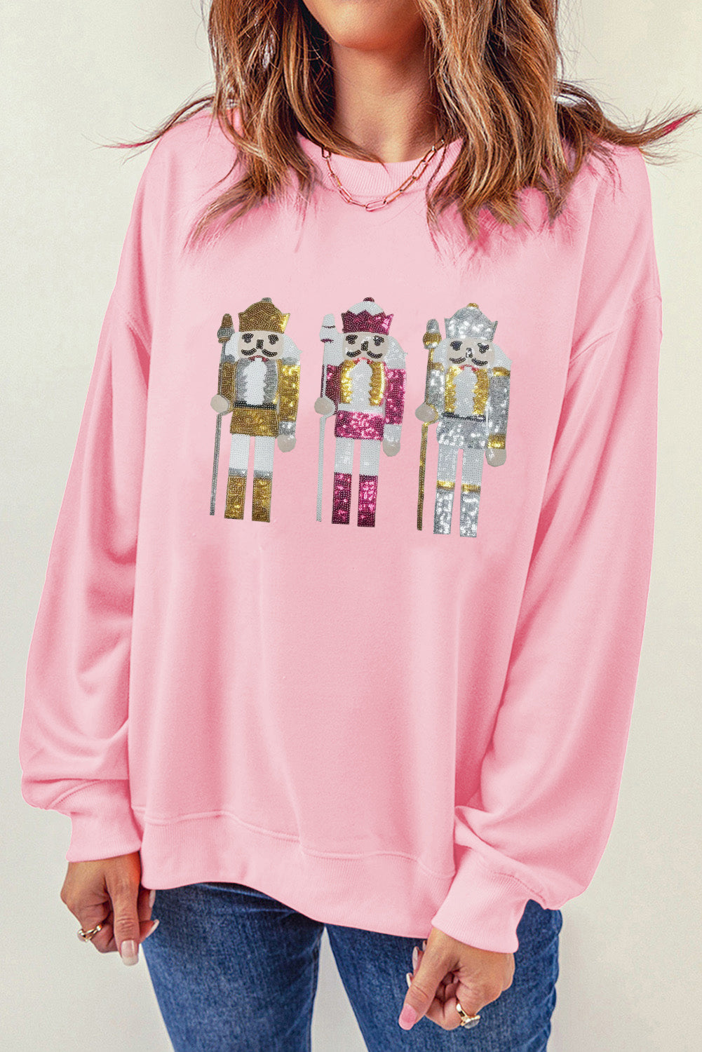 Pink Christmas Nutcracker Patched Drop Shoulder Sweatshirt Graphic Sweatshirts JT's Designer Fashion