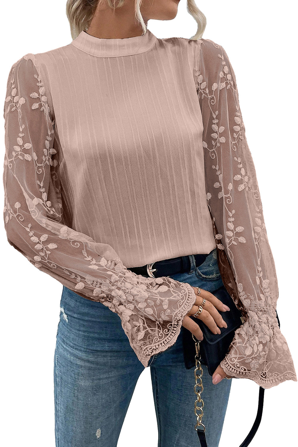 Apricot Pink Contrast Lace Sleeve Mock Neck Textured Blouse Pre Order Tops JT's Designer Fashion