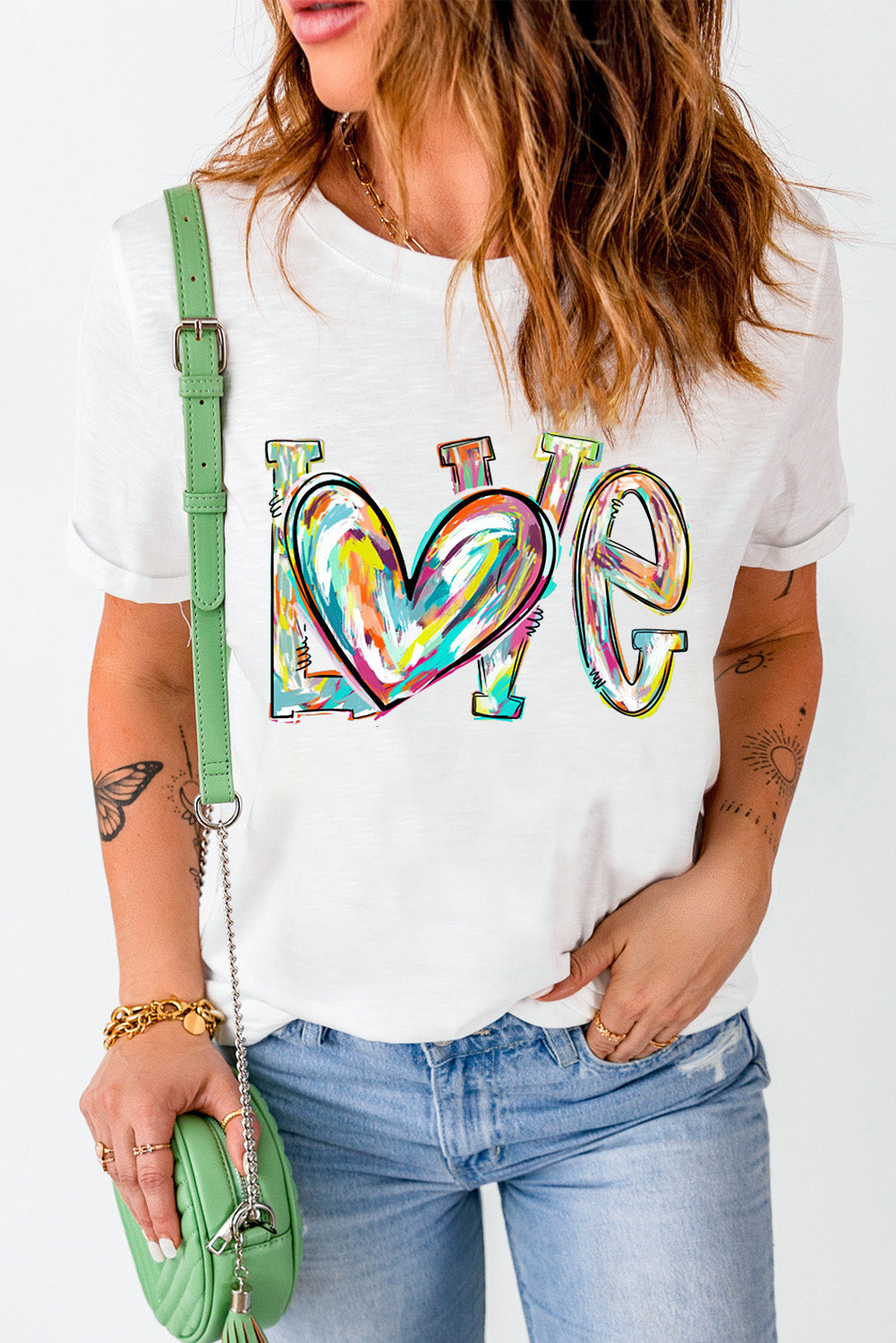 White Love Heart Shape Graffiti Round Neck T Shirt Graphic Tees JT's Designer Fashion