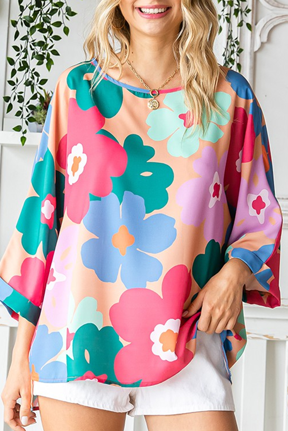 Pink Boho Floral Print Bracelet Sleeve Oversized Blouse Blouses & Shirts JT's Designer Fashion