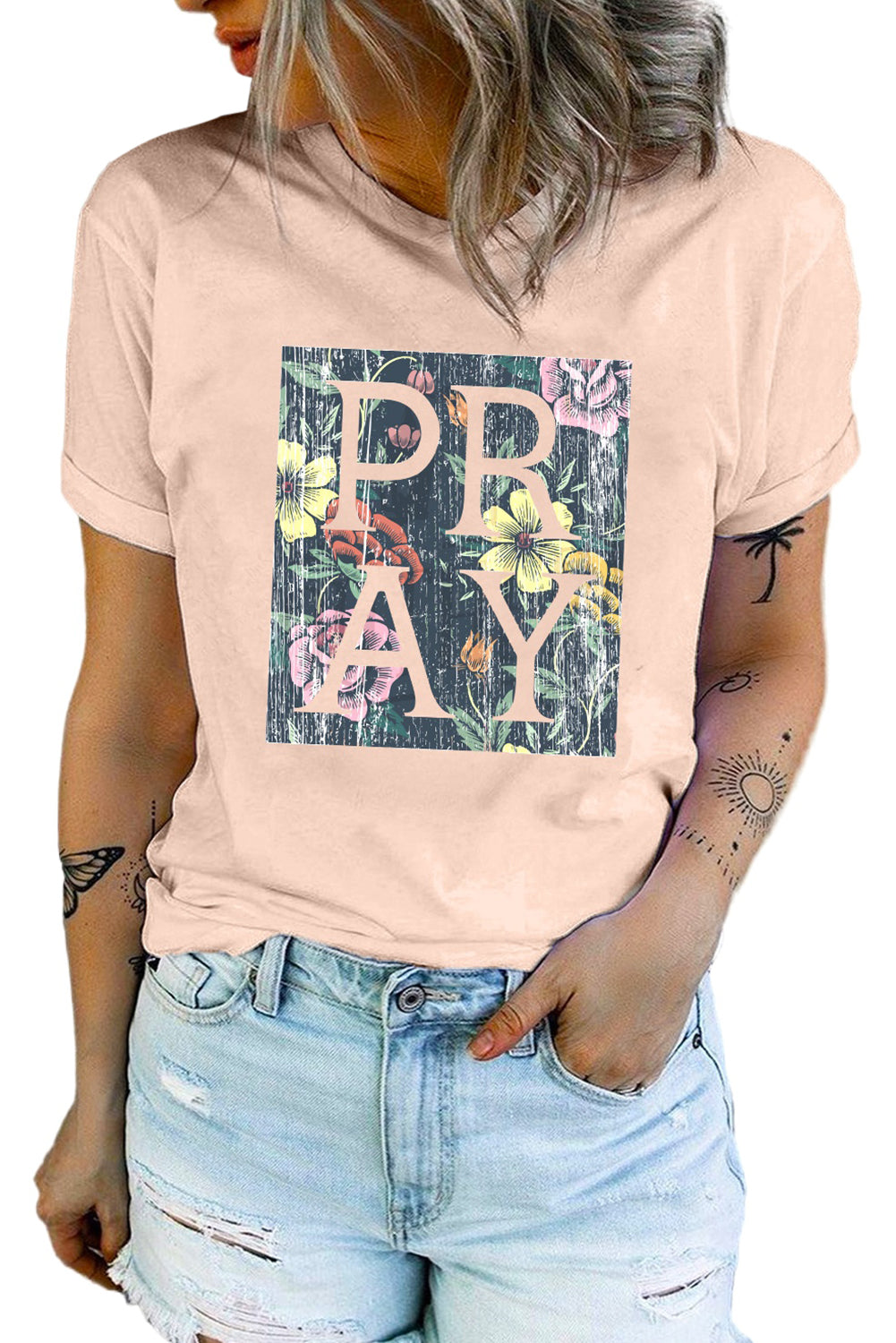 Pink PRAY Floral Print Western Fashion T-shirt Graphic Tees JT's Designer Fashion