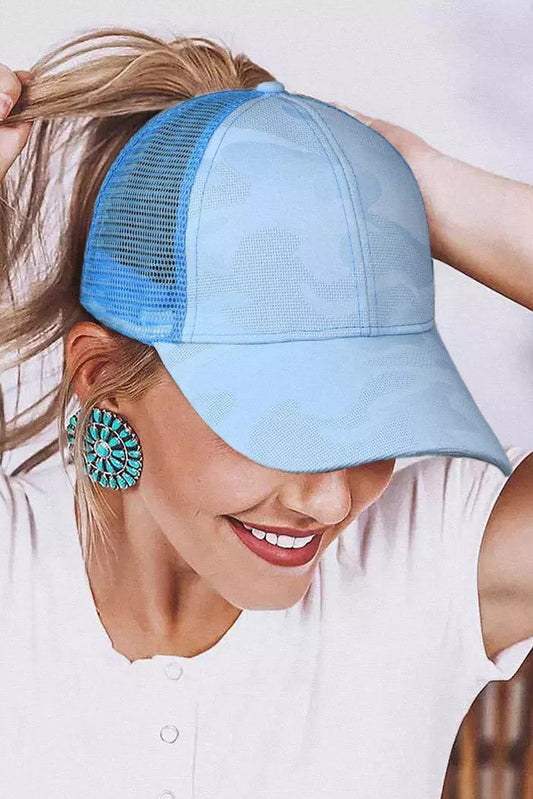 Sky Blue Camouflage Shimmer Mesh Ponytail Baseball Cap Hats & Caps JT's Designer Fashion