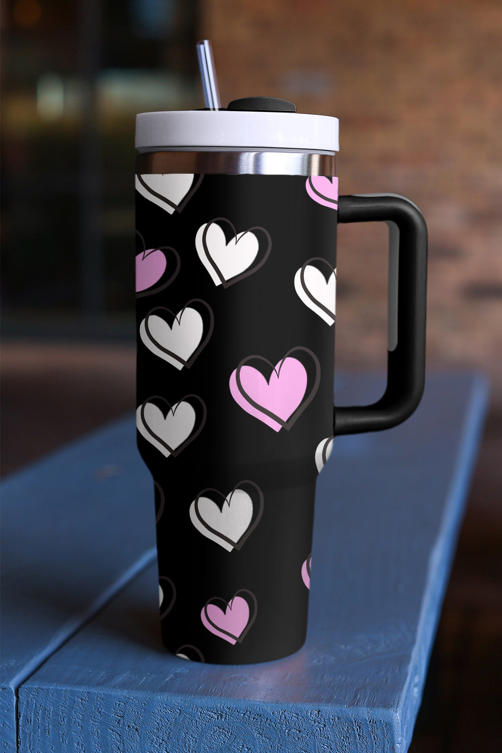 Black Valentines Heart Printed Thermos Cup with Handle Tumblers JT's Designer Fashion