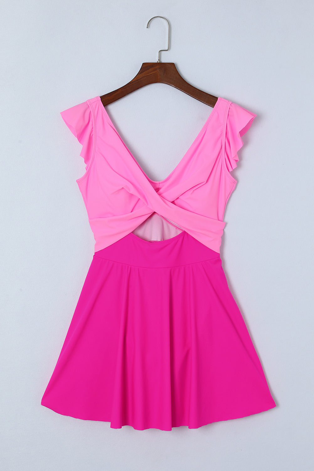 Bright Pink 2-tone Patchwork Crossed Cutout One Piece Swimdress Swimwear JT's Designer Fashion