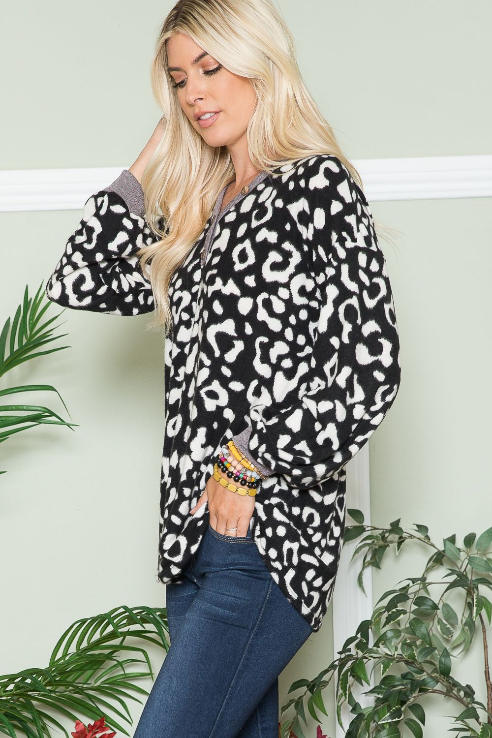 Leopard V-Neck Long Sleeve Blouse Long Sleeve Tops JT's Designer Fashion