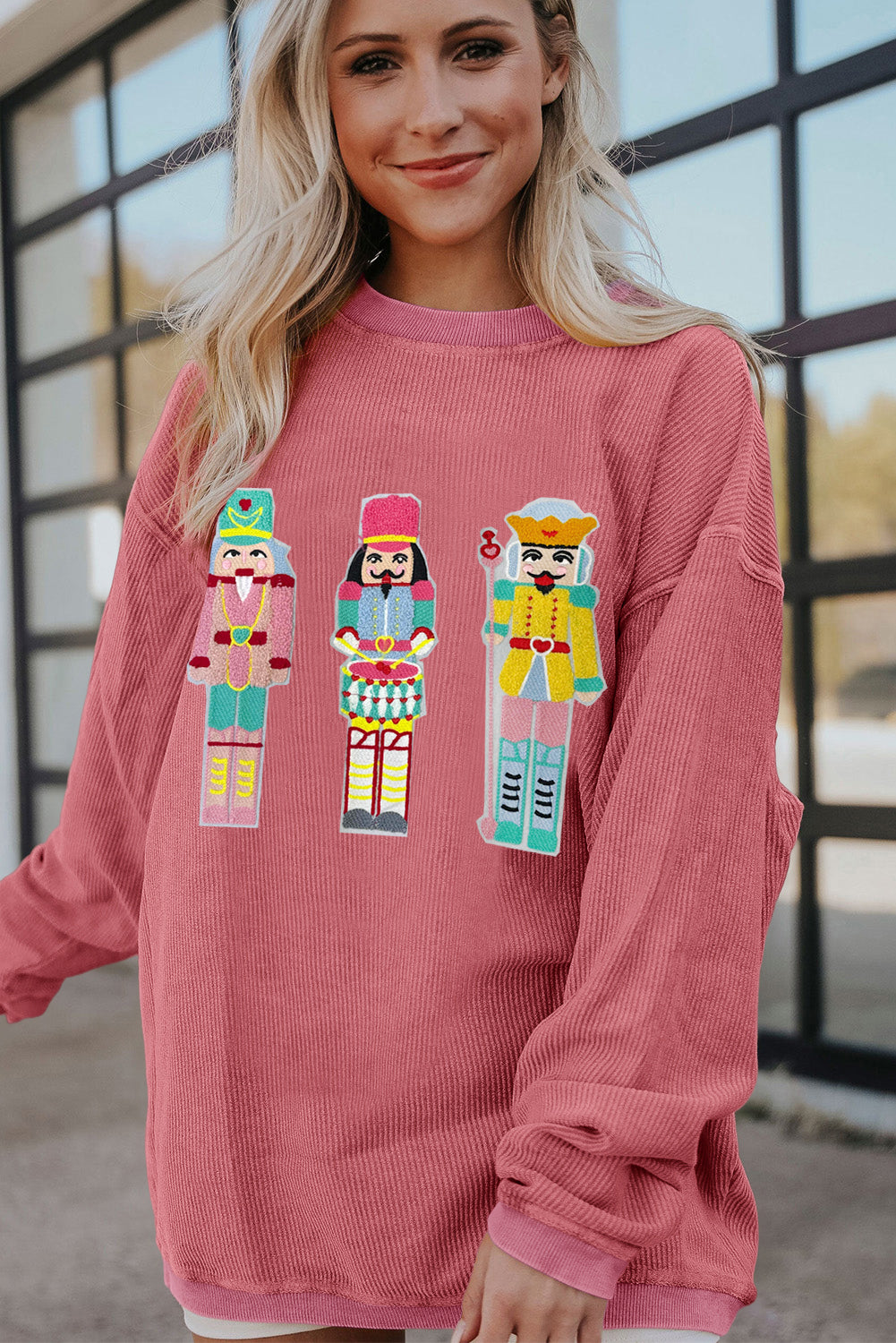 Strawberry Pink Chenille Nutcracker Doll Graphic Christmas Corded Sweatshirt Graphic Sweatshirts JT's Designer Fashion