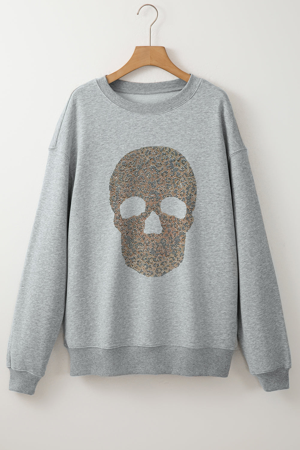 Light Grey Rhinestone Skull Graphic Drop Shoulder Sweatshirt Graphic Sweatshirts JT's Designer Fashion