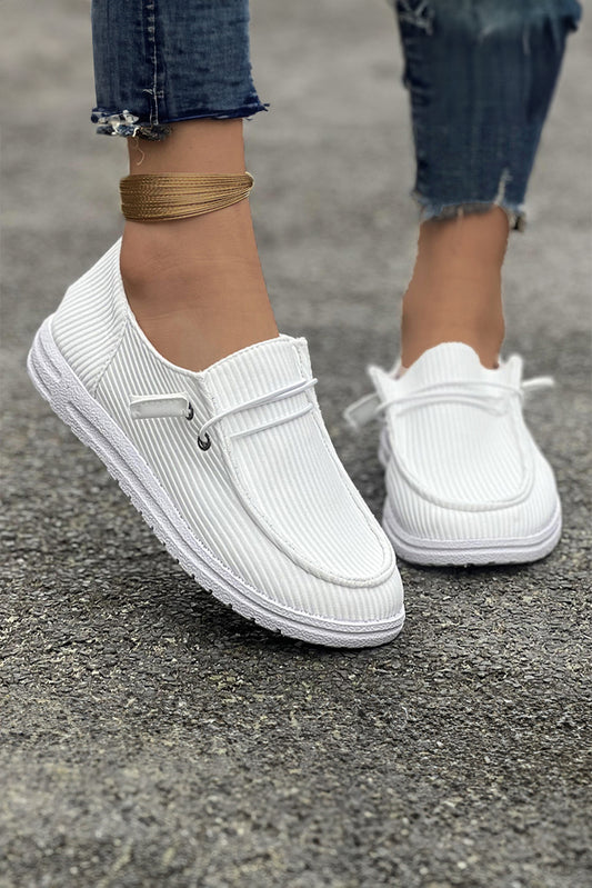 White Ribbed Lace-up Decor Slip On Shoes Women's Shoes JT's Designer Fashion