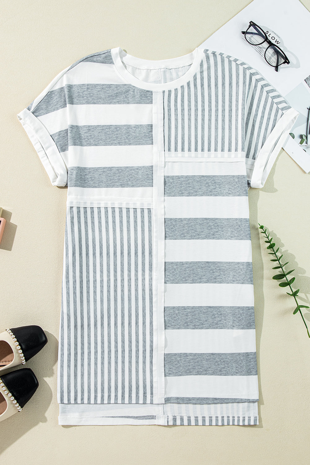 Gray Stripe Mixed Printed Short Sleeve Shift Mini T Shirt Dress T Shirt Dresses JT's Designer Fashion