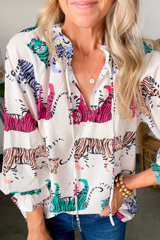 White Colorful Tiger Print Ruffled Lantern Sleeve Blouse Tops & Tees JT's Designer Fashion