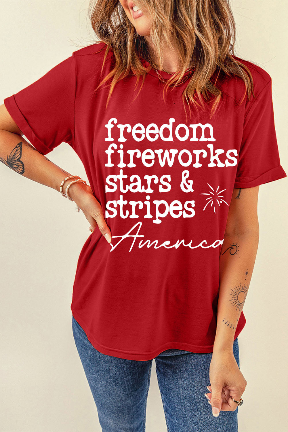 Fiery Red American Freedom Day Slogan Print T Shirt Graphic Tees JT's Designer Fashion