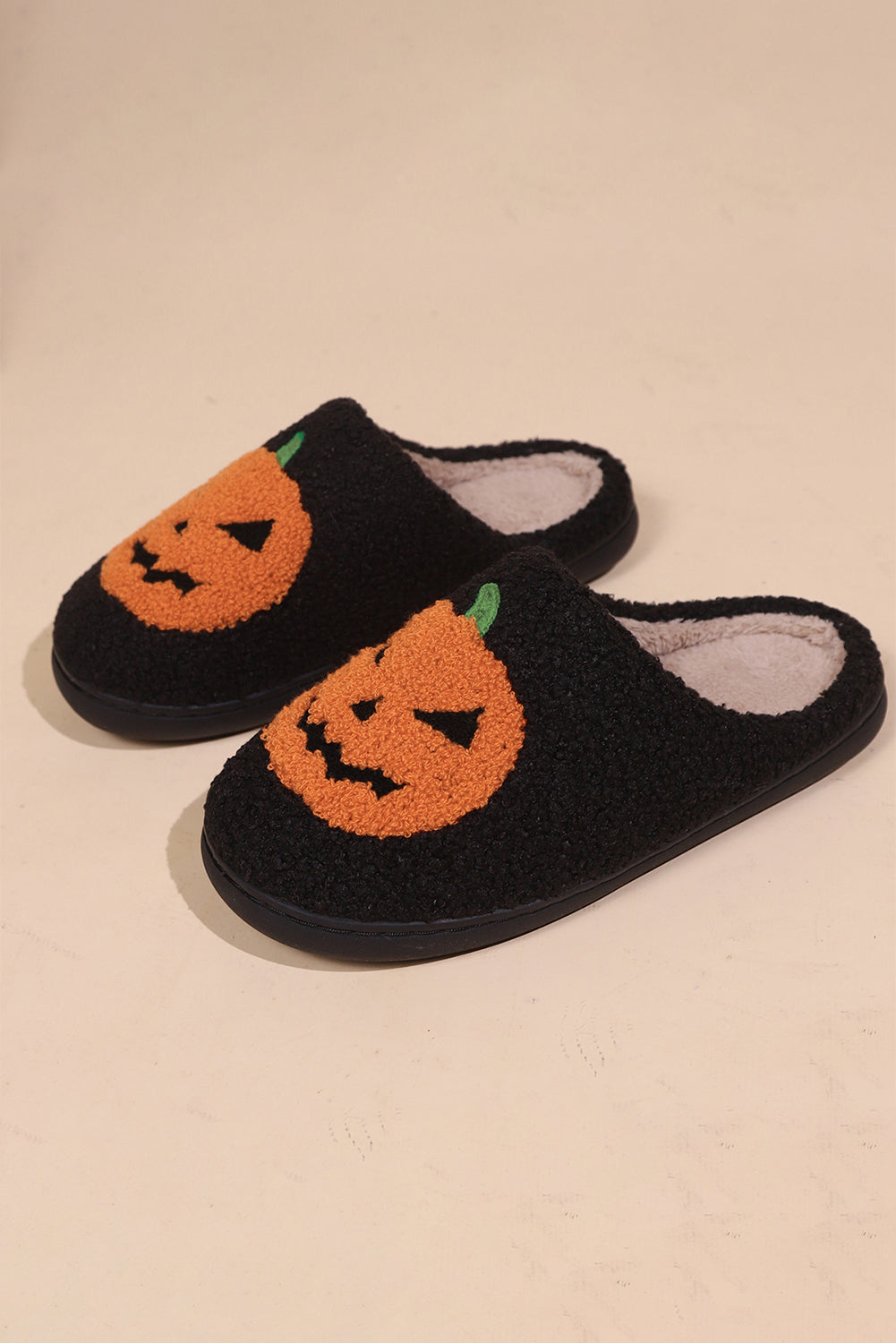 Black Halloween Pumpkin Print Plush Slippers Slippers JT's Designer Fashion