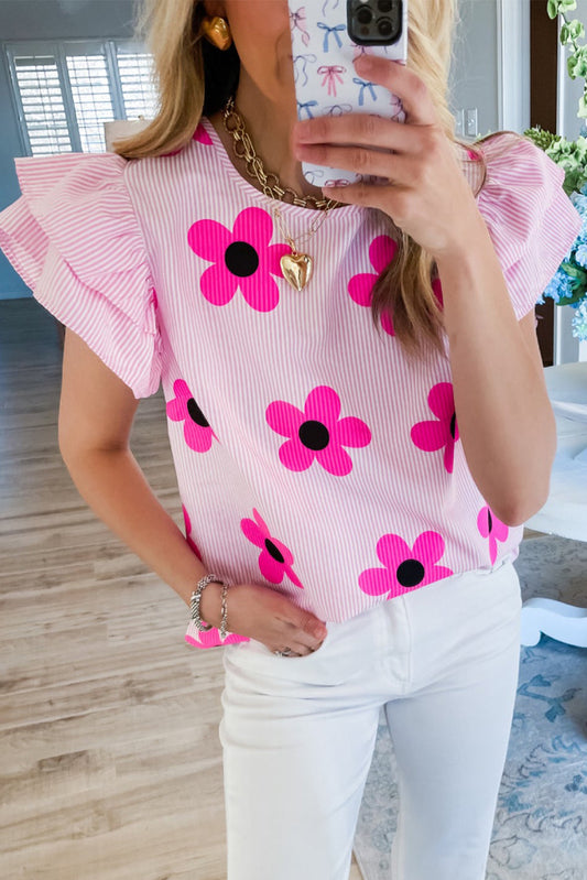 Pink Pinstripe Floral Print Ruffled Flutter Sleeve Blouse Tops & Tees JT's Designer Fashion