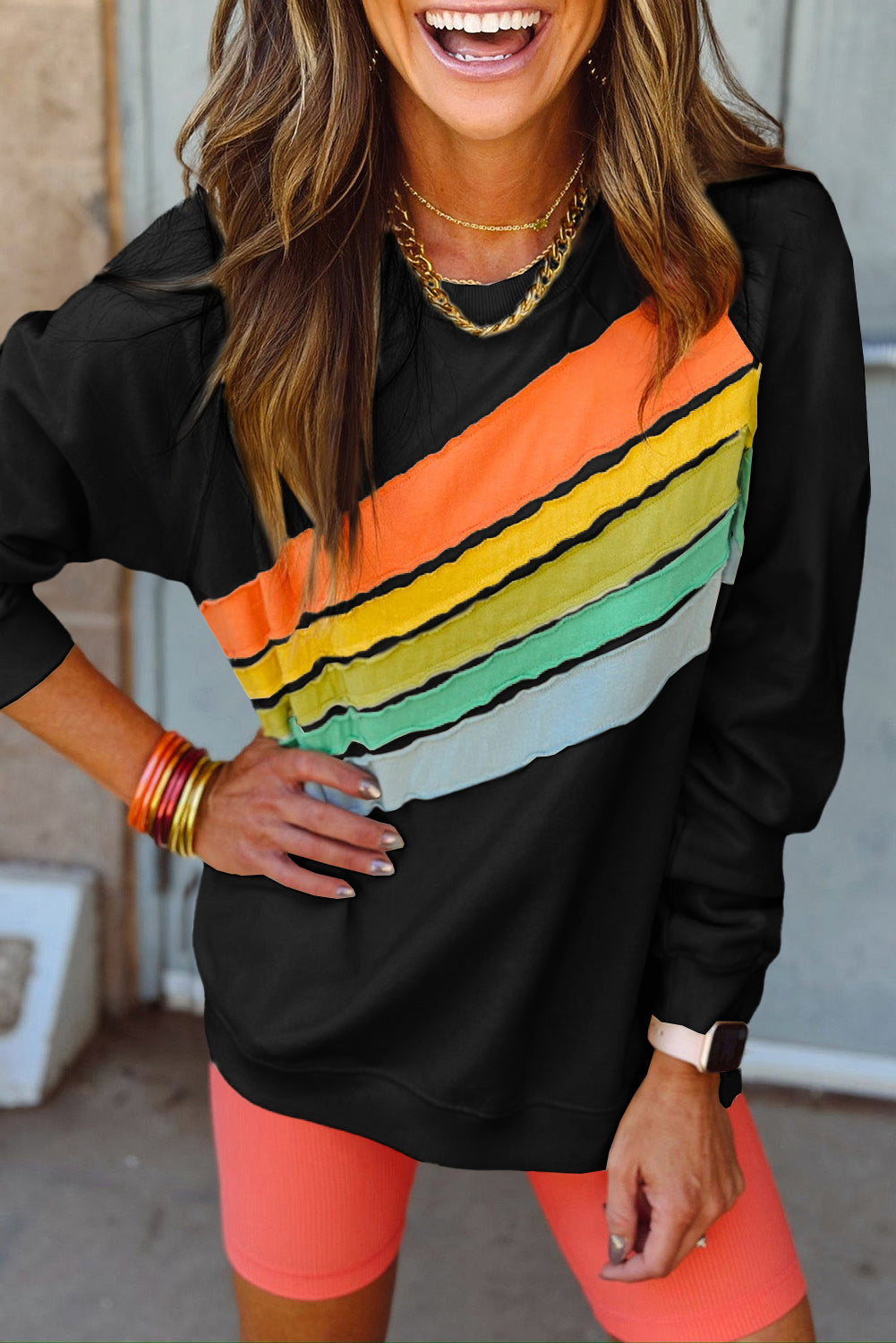 Black Rainbow Colorblock Striped Pullover Sweatshirt Sweatshirts & Hoodies JT's Designer Fashion