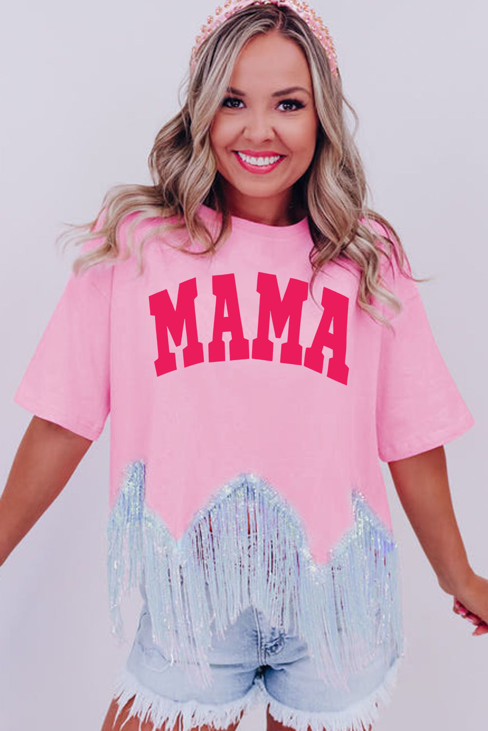 Pink MAMA Letter Print Sequined Tassel Hem T-shirt Graphic Tees JT's Designer Fashion