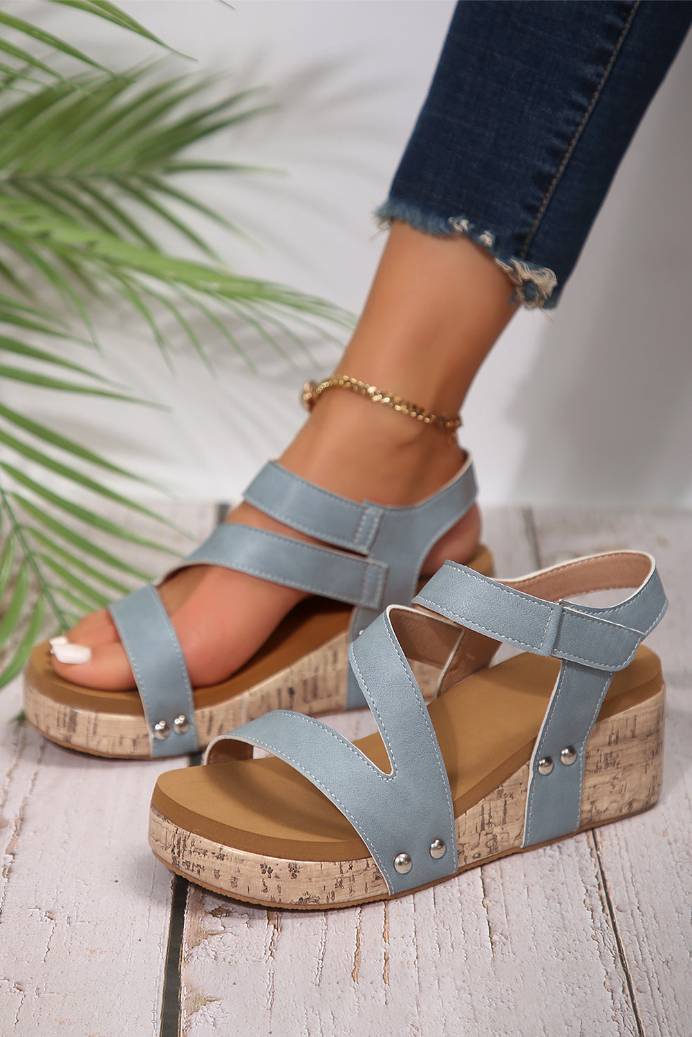 Light Blue Hollow Out Velcro Leather Wedge Sandals Sandals JT's Designer Fashion